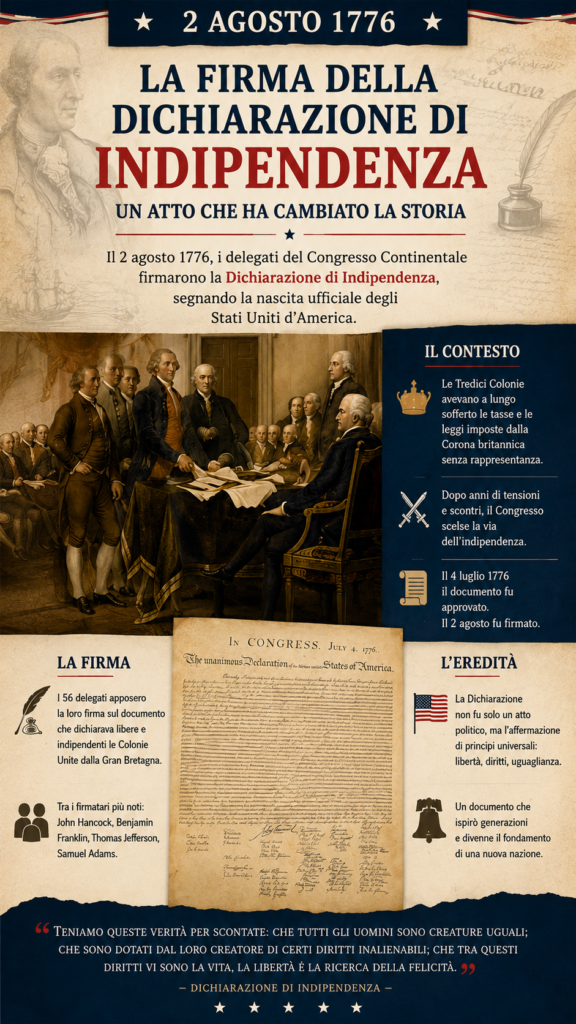 Se chiedete a un cittadino americano quando è nata la sua nazione, vi risponderà senza esitare: 4 luglio 1776. È il giorno in cui si festeggia l’Independence Day, tra fuochi d'artificio, barbecue e bandiere a stelle e strisce. Tuttavia, la storia reale di quei giorni concitati a Filadelfia è un po' diversa da come la dipingono i dipinti d'epoca: la vera firma della Dichiarazione d’Indipendenza non avvenne il 4 luglio, bensì il 2 agosto 1776.
Ecco come andarono davvero le cose e perché il 2 agosto rappresenta la vera data spartiacque per i Padri Fondatori.
La cronologia di una rivoluzione
Per capire l'importanza del 2 agosto, bisogna ripercorrere i passaggi chiave di quell'estate del 1776:
	•	2 Luglio: Il Secondo Congresso Continentale vota a favore della risoluzione presentata da Richard Henry Lee, sancendo la rottura formale con la Gran Bretagna. John Adams era convinto che sarebbe stato il 2 luglio la data celebrata dalle generazioni future.
	•	4 Luglio: Il Congresso approva ufficialmente il testo finale della Dichiarazione, redatto principalmente da Thomas Jefferson e revisionato dal "Comitato dei Cinque". Il documento viene inviato alla tipografia di John Dunlap per essere stampato e distribuito (le celebri Dunlap Broadsides). In questo giorno, solo John Hancock (Presidente del Congresso) e Charles Thomson (Segretario) firmarono la bozza.
	•	19 Luglio: Il Congresso ordina che la Dichiarazione venga ufficialmente "ingrossata" (engrossed), ossia ricopiata a mano con grafia formale ed elegante su un grande foglio di pergamena.
	•	2 Agosto: La pergamena ufficiale è finalmente pronta sul tavolo del Congresso a Filadelfia. È in questa data che la maggior parte dei delegati appone la propria firma.
Un atto di alto tradimento
Firmare quel documento il 2 agosto non fu una semplice formalità burocratica: fu un vero e proprio atto di coraggio e alto tradimento contro Re Giorgio III. Se le Colonie avessero perso la guerra, ognuno dei firmatari sarebbe stato destinato alla gogna o all'impiccagione.
La firma più celebre è senza dubbio quella di John Hancock, apposta al centro del documento con caratteri grandi e vistosi. La leggenda vuole che Hancock abbia firmato così in grande per permettere al re d'Inghilterra di leggere il suo nome "senza bisogno degli occhiali".
Nota storica: Non tutti i 56 firmatari apposero la loro sigla il 2 agosto. Alcuni delegati assenti firmarono nei mesi successivi, e l'ultimo nome (quello di Thomas McKean) fu aggiunto addirittura nel 1781.
I tre pilastri del documento
La pergamena firmata il 2 agosto racchiudeva principi rivoluzionari che avrebbero cambiato per sempre la storia della democrazia occidentale:
	1	Diritti Inalienabili: La convinzione che tutti gli uomini siano creati uguali e dotati di diritti fondamentali come la Vita, la Libertà e la ricerca della Felicità.
	2	Consenso dei Governati: Il potere dei governi non deriva da un diritto divino o dal sangue reale, ma dal consenso dei cittadini.
	3	Sovranità Nazionale: Il totale scioglimento di ogni legame politico tra le Tredici Colonie e la Corona Britannica.
Conclusione
Sebbene la tradizione continui a festeggiare il 4 luglio come il compleanno degli Stati Uniti, il 2 agosto 1776 rimane il momento in cui gli ideali presero la forma d'inchiostro sulla pergamena. È il giorno in cui 56 uomini misero letteralmente a rischio le proprie vite, le proprie fortune e il proprio onore per dare vita a una nuova nazione.